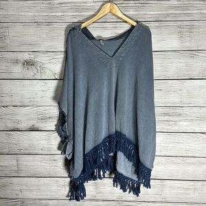 NWT Free People Anthropologie Poncho Hooded Tassles Blue Size XS